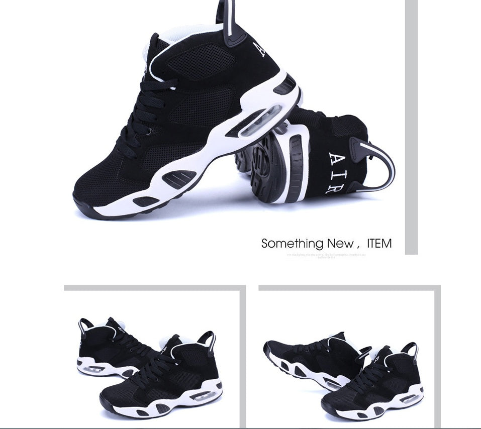 Black and white breathable basketball shoes with rubber sole and mesh upper.