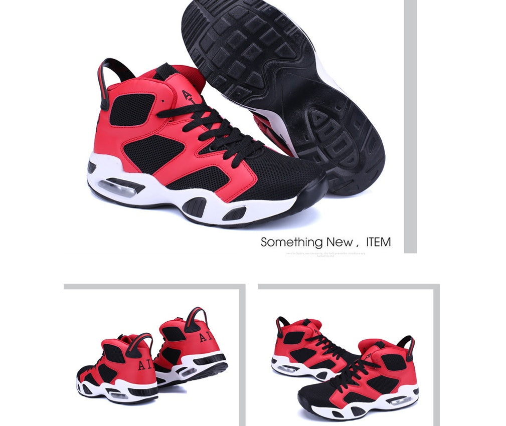 Red and black breathable basketball shoes with rubber sole and mesh upper.