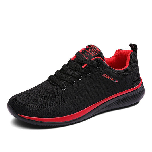 Black and red running shoe with low heel for everyday casual sports.