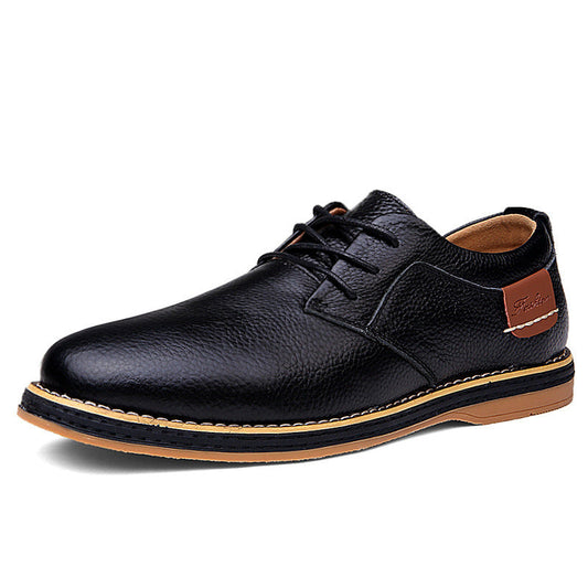 Large size men's leather shoe with microfiber leather upper and rubber sole, available in black, brown, and blue.