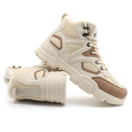 Winter cotton shoes for men, beige high-top sneakers with rubber sole, designed to keep warm and increase height.