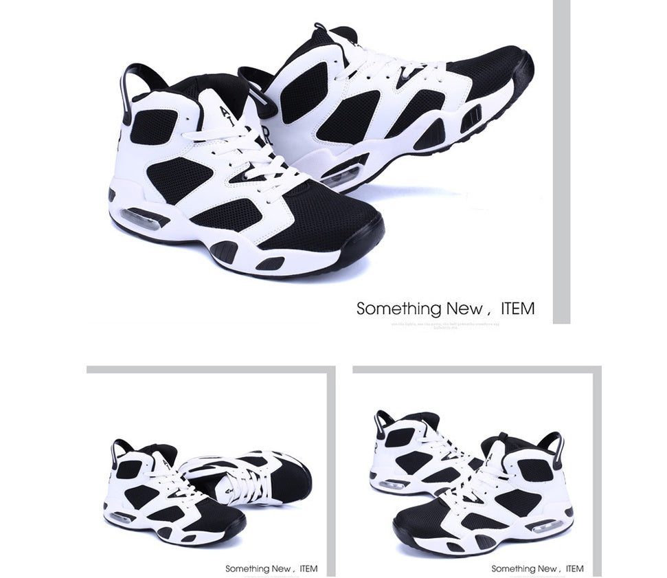 Black and white breathable basketball shoes with rubber soles and mesh upper material.