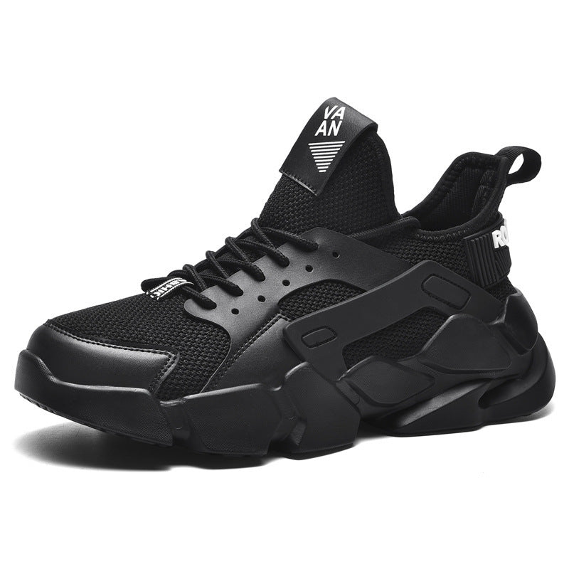 Men's black breathable sports running shoes with mesh upper and PU sole.