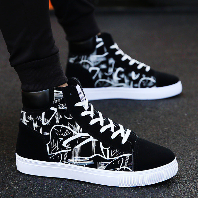 Spring high top shoes for men with black and white design.