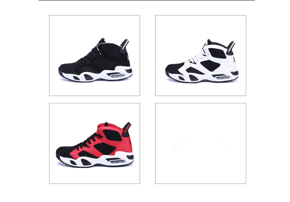 Red, black, and black and white breathable basketball shoes with rubber sole.